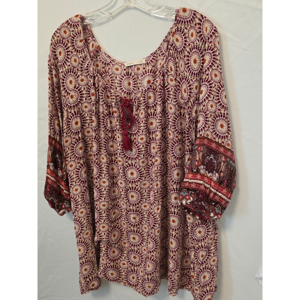 Mettle Womens XXL Boho Medallion Paisley Tassel Tie Peasant Blouse Burgundy Top